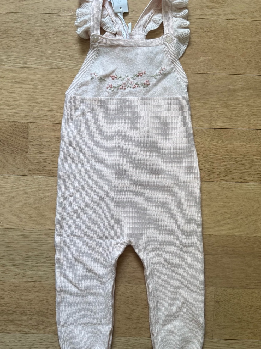 Tartine et Chocolat Pale Pink Knit One-Piece Romper with Floral Embroidery